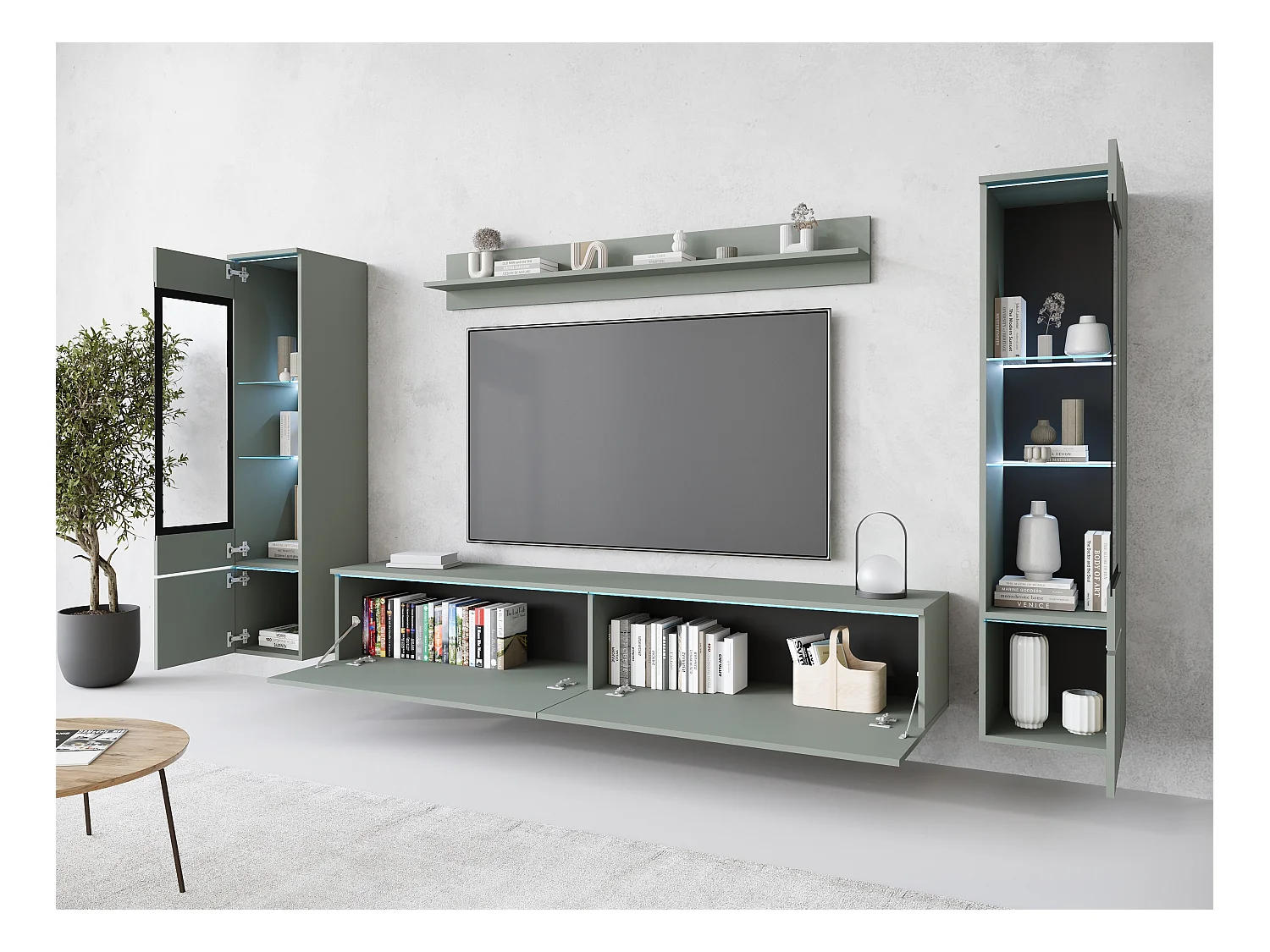 Ensemble moderne de meubles de salon 4 éléments – meuble TV 180 cm, 2 vitrines et étagère – mur TV vert brume mat, autoportant ou suspendu