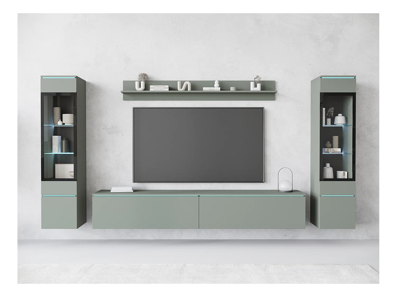 Ensemble moderne de meubles de salon 4 éléments – meuble TV 180 cm, 2 vitrines et étagère – mur TV vert brume mat, autoportant ou suspendu