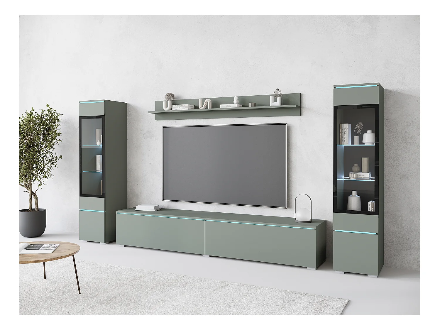 Conjunto moderno de móveis de sala 4 peças – móvel de TV 180 cm, 2 vitrinas e prateleira – estante de parede verde nevoeiro mate, de pé ou suspensa