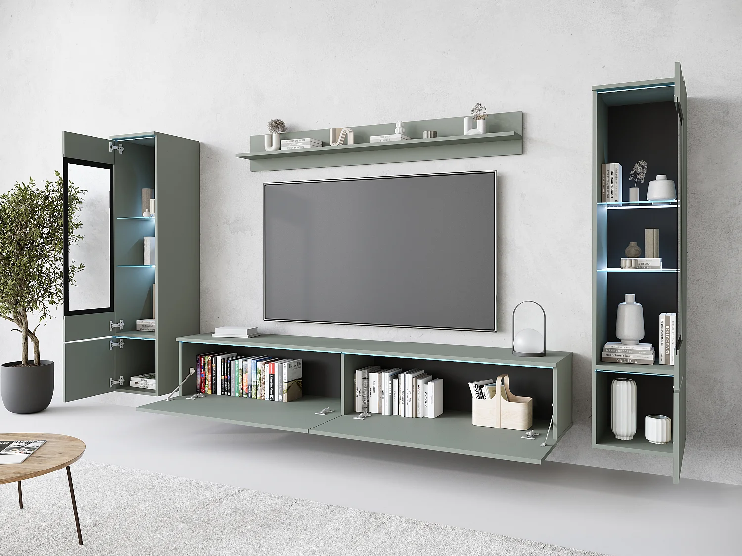 Ensemble moderne de meubles de salon 4 éléments – meuble TV 180 cm, 2 vitrines et étagère – mur TV vert brume mat, autoportant ou suspendu