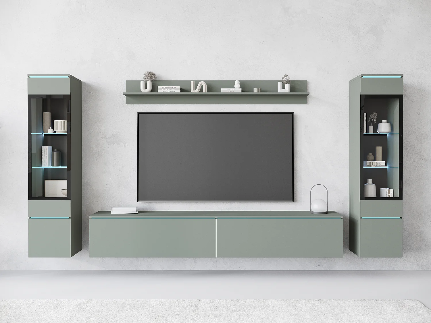 Ensemble moderne de meubles de salon 4 éléments – meuble TV 180 cm, 2 vitrines et étagère – mur TV vert brume mat, autoportant ou suspendu