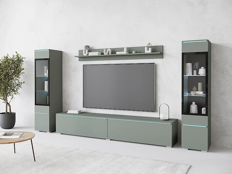 Ensemble moderne de meubles de salon 4 éléments – meuble TV 180 cm, 2 vitrines et étagère – mur TV vert brume mat, autoportant ou suspendu