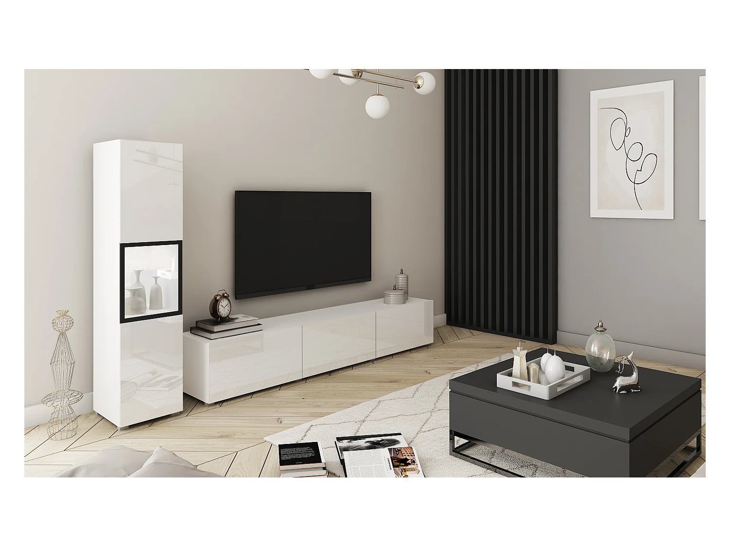 Mur TV moderne – ensemble suspendu et posé 2 éléments avec meuble TV 180 cm et vitrine, caisson blanc mat, façades blanc brillant