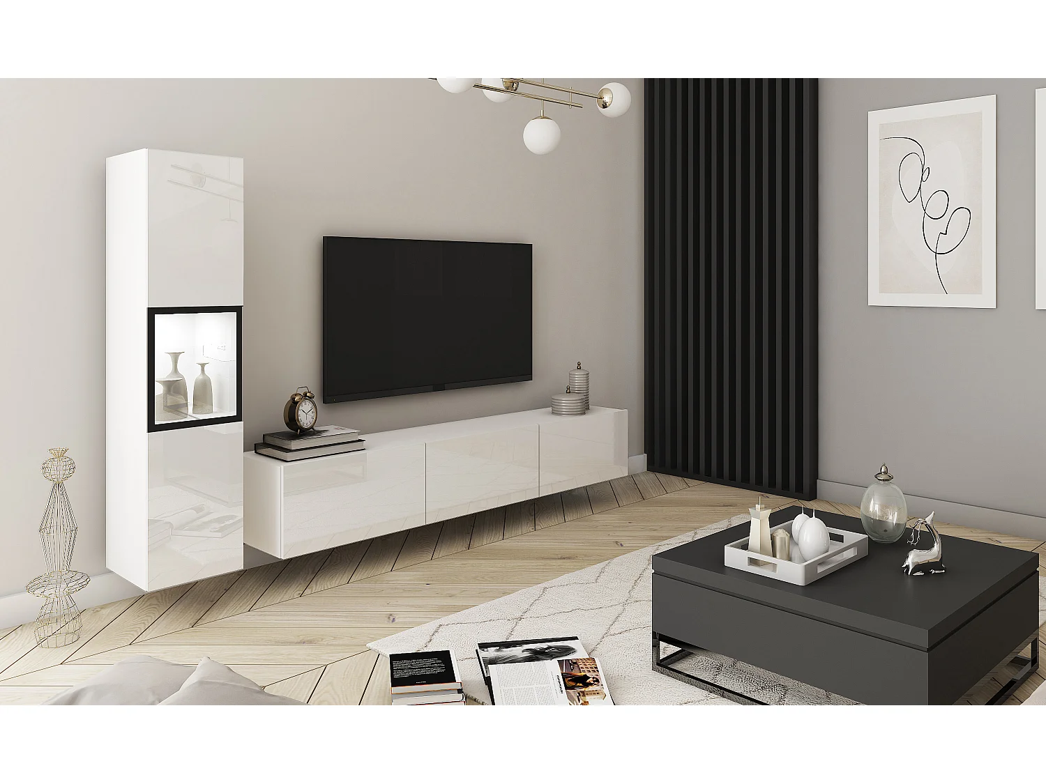 Mur TV moderne – ensemble suspendu et posé 2 éléments avec meuble TV 180 cm et vitrine, caisson blanc mat, façades blanc brillant