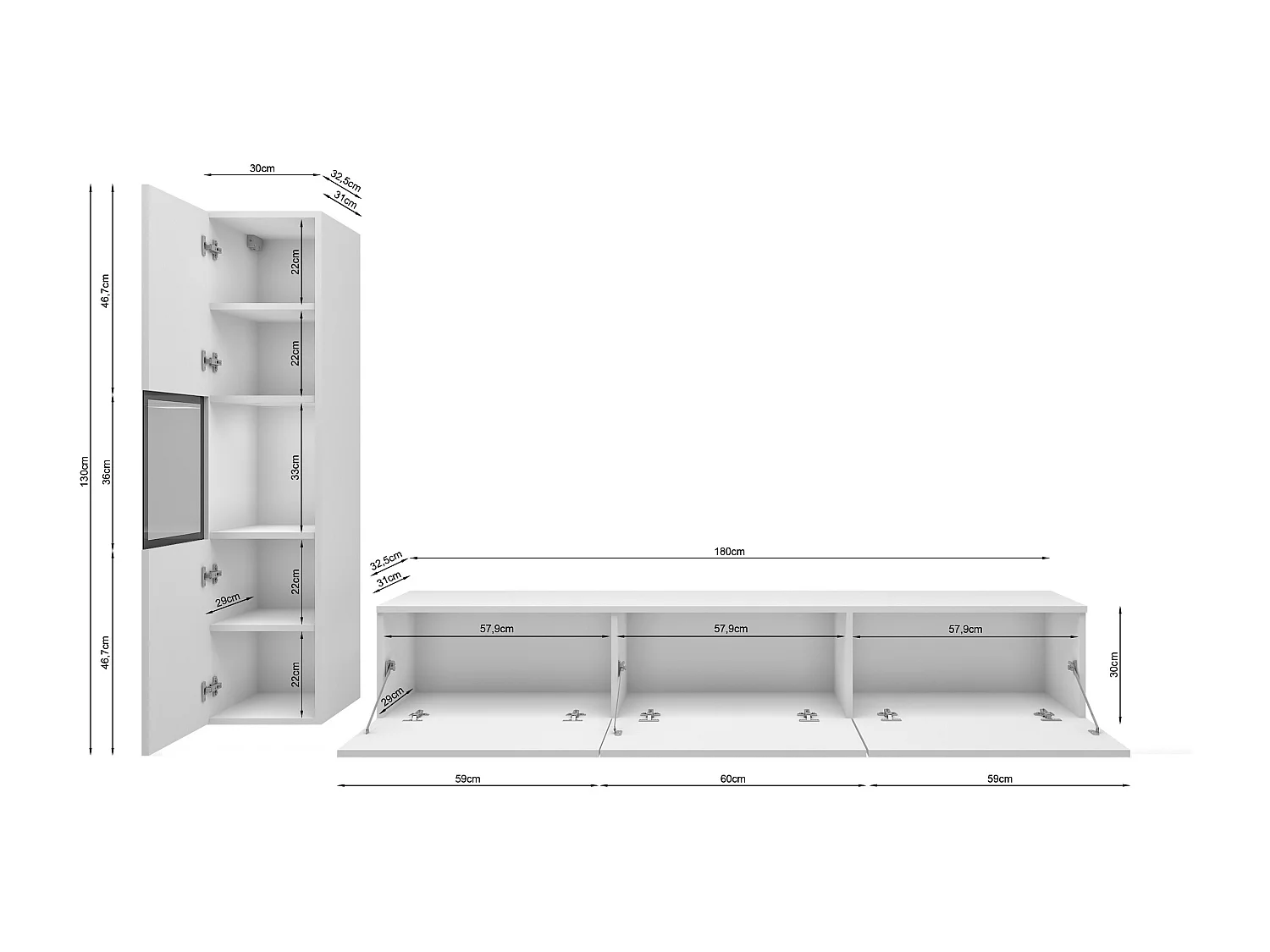 Mur TV moderne – ensemble suspendu et posé 2 éléments avec meuble TV 180 cm et vitrine, caisson blanc mat, façades blanc brillant