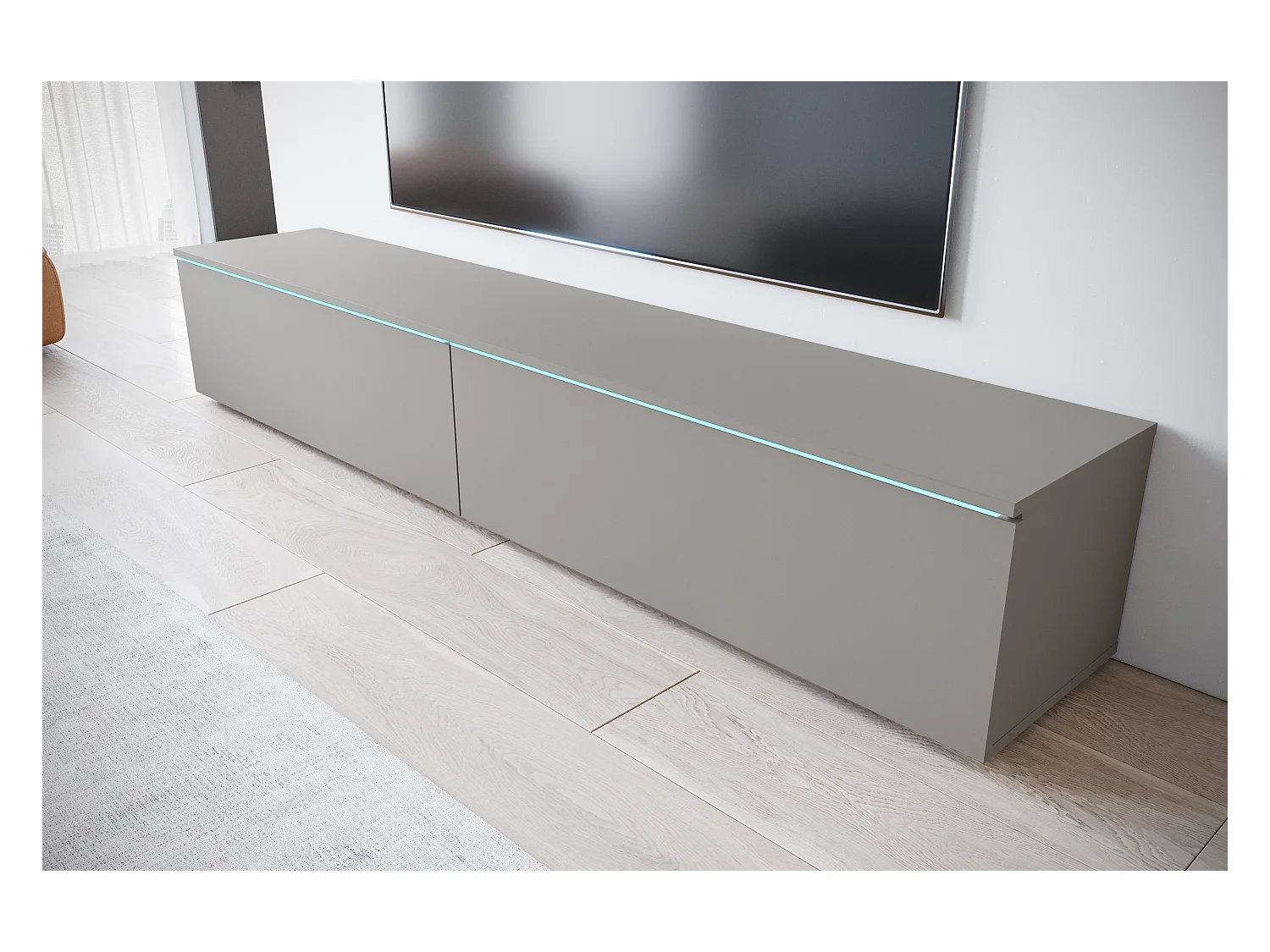 Meuble TV moderne 180 cm pour salon – 2 portes, sans poignées, finition mate, à poser ou à suspendre, gris palladium