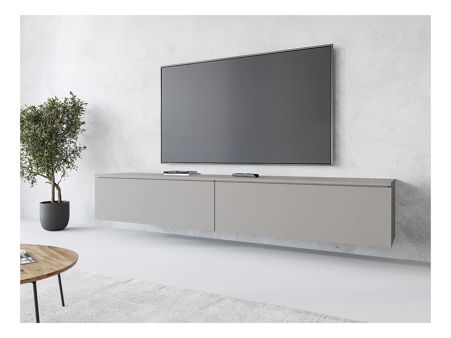 Meuble TV moderne 180 cm pour salon – 2 portes, sans poignées, finition mate, à poser ou à suspendre, gris palladium