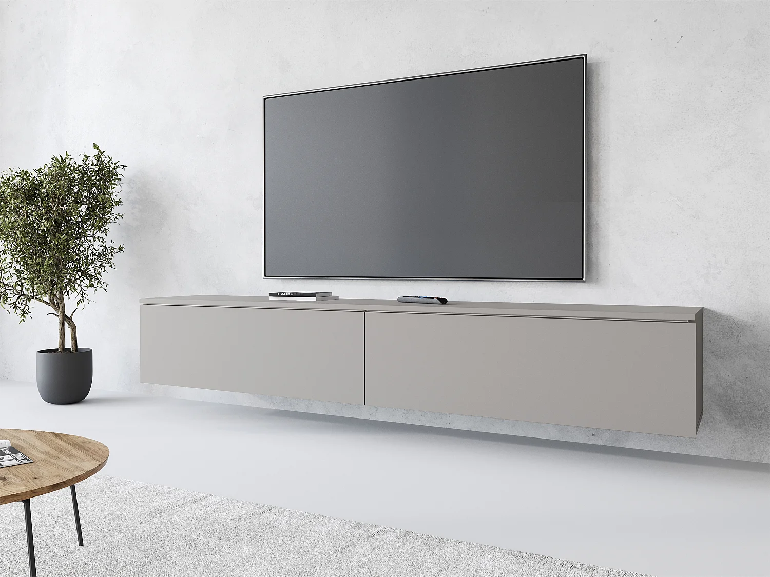 Meuble TV moderne 180 cm pour salon – 2 portes, sans poignées, finition mate, à poser ou à suspendre, gris palladium