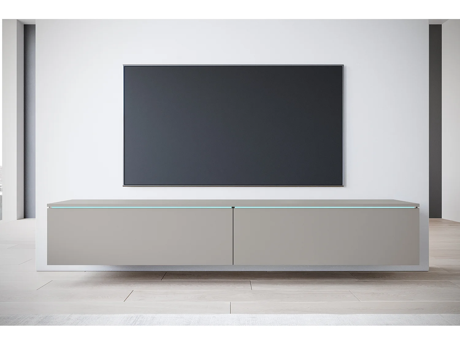 Meuble TV moderne 180 cm pour salon – 2 portes, sans poignées, finition mate, à poser ou à suspendre, gris palladium