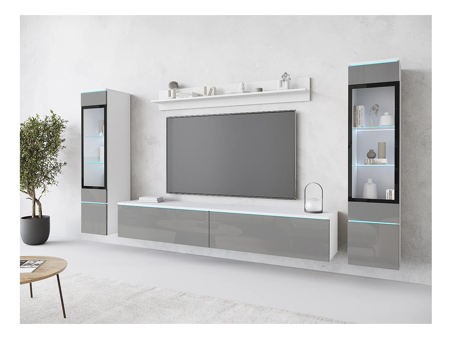 Ensemble moderne de meubles de salon 4 éléments, meuble TV 180 cm, 2 vitrines et étagère, corps blanc mat, façades gris brillant, autoportant ou suspendu