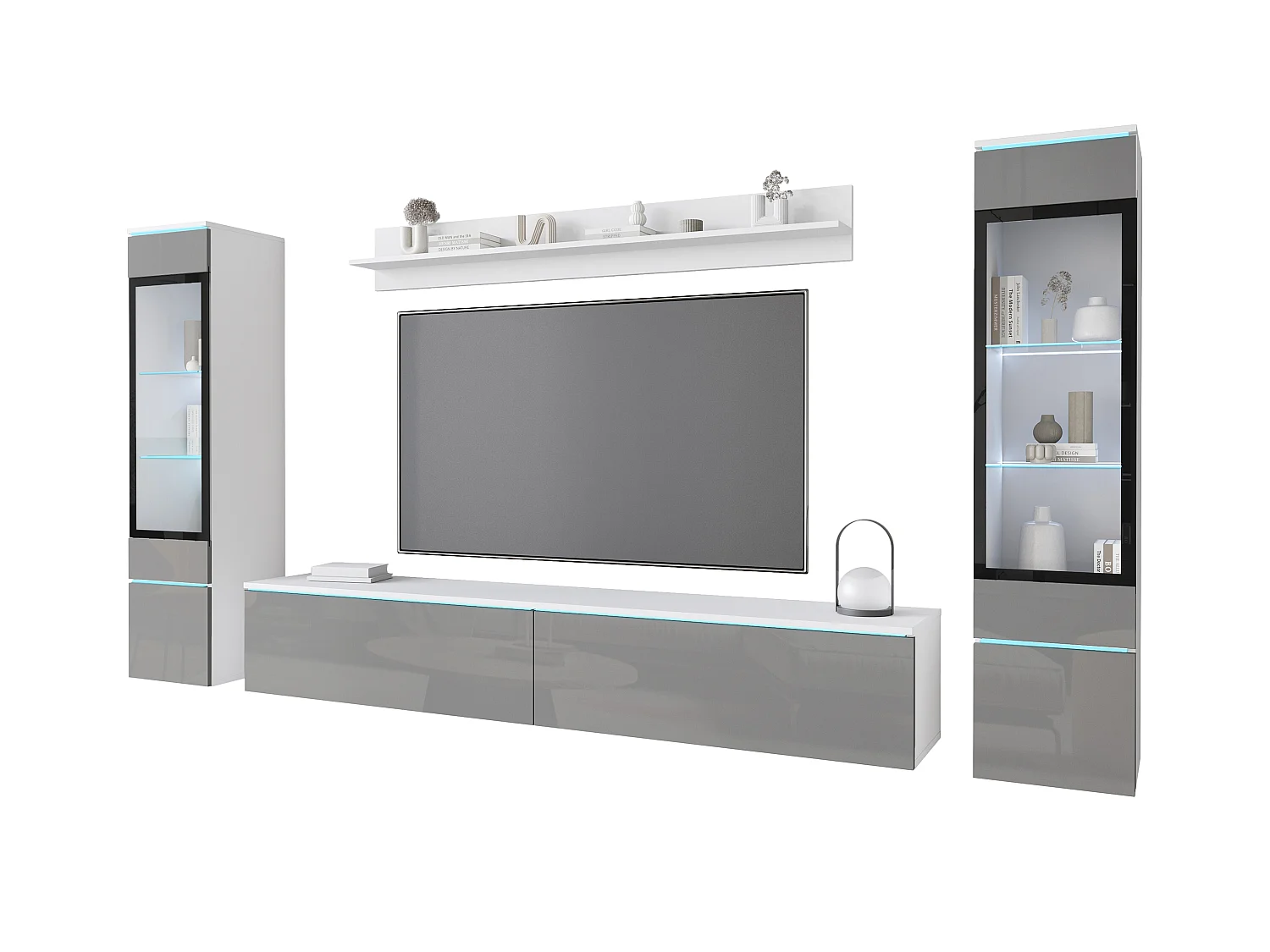 Ensemble moderne de meubles de salon 4 éléments, meuble TV 180 cm, 2 vitrines et étagère, corps blanc mat, façades gris brillant, autoportant ou suspendu