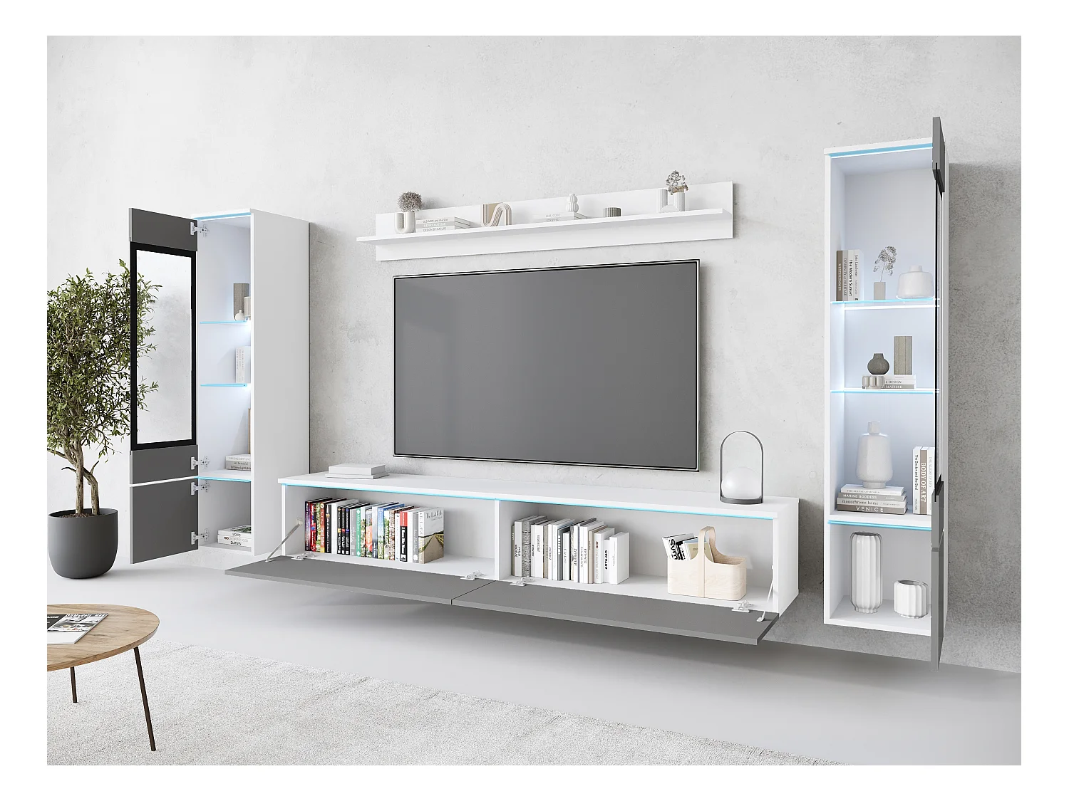 Ensemble moderne de meubles de salon 4 éléments, meuble TV 180 cm, 2 vitrines et étagère, corps blanc mat, façades gris brillant, autoportant ou suspendu