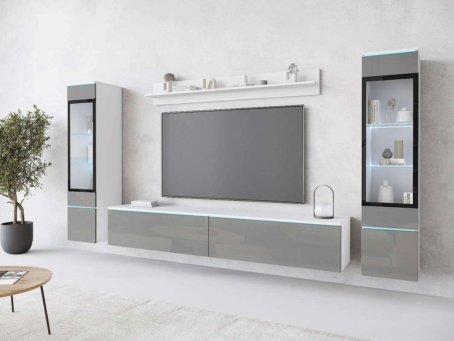 Ensemble moderne de meubles de salon 4 éléments, meuble TV 180 cm, 2 vitrines et étagère, corps blanc mat, façades gris brillant, autoportant ou suspendu