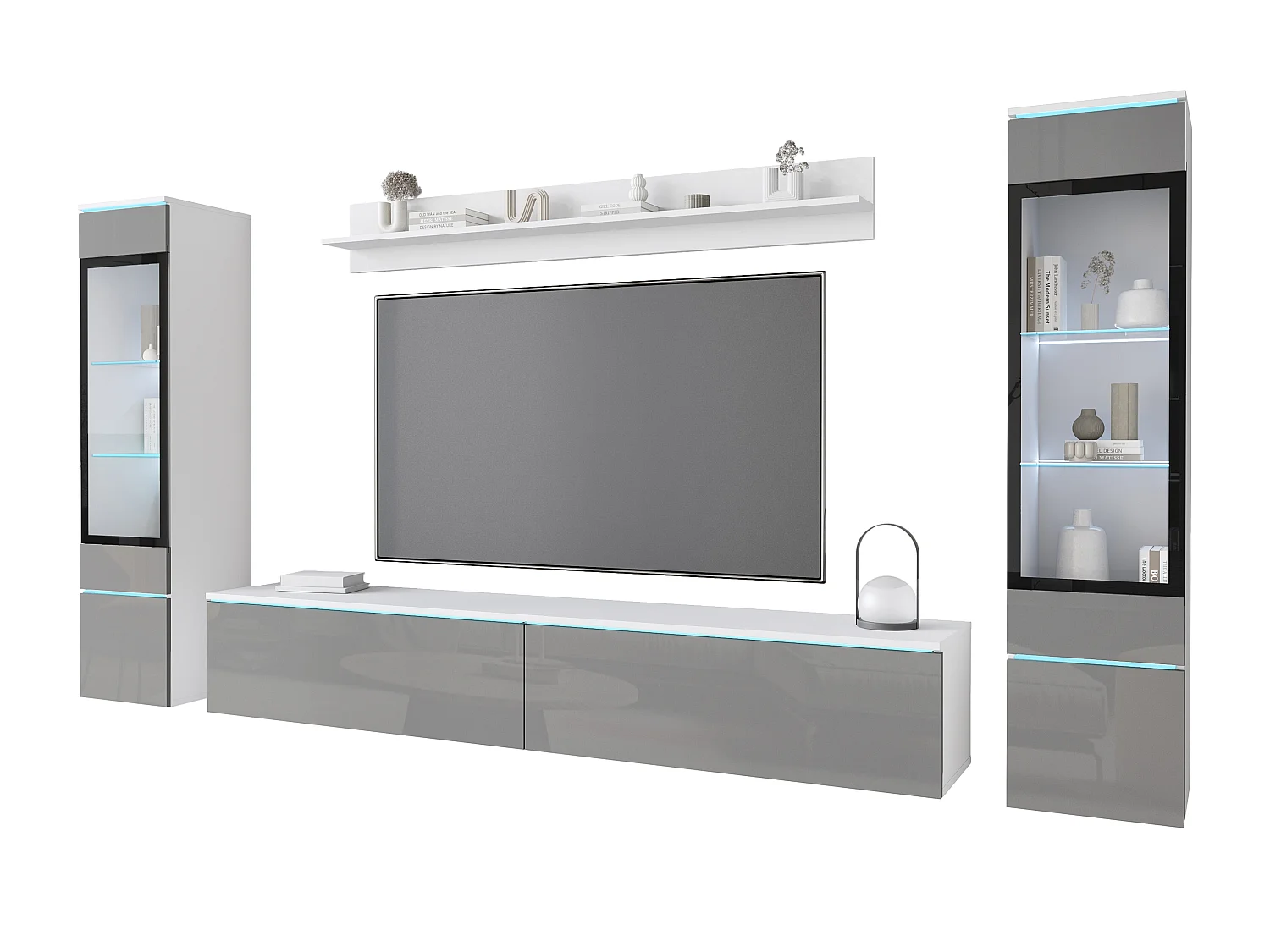 Ensemble moderne de meubles de salon 4 éléments, meuble TV 180 cm, 2 vitrines et étagère, corps blanc mat, façades gris brillant, autoportant ou suspendu