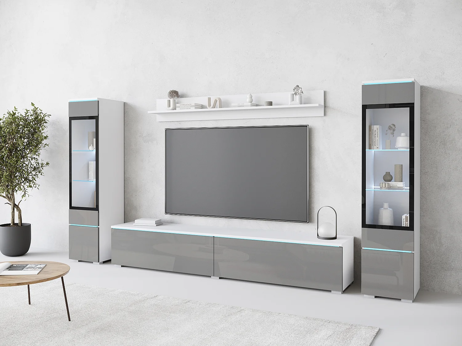 Ensemble moderne de meubles de salon 4 éléments, meuble TV 180 cm, 2 vitrines et étagère, corps blanc mat, façades gris brillant, autoportant ou suspendu