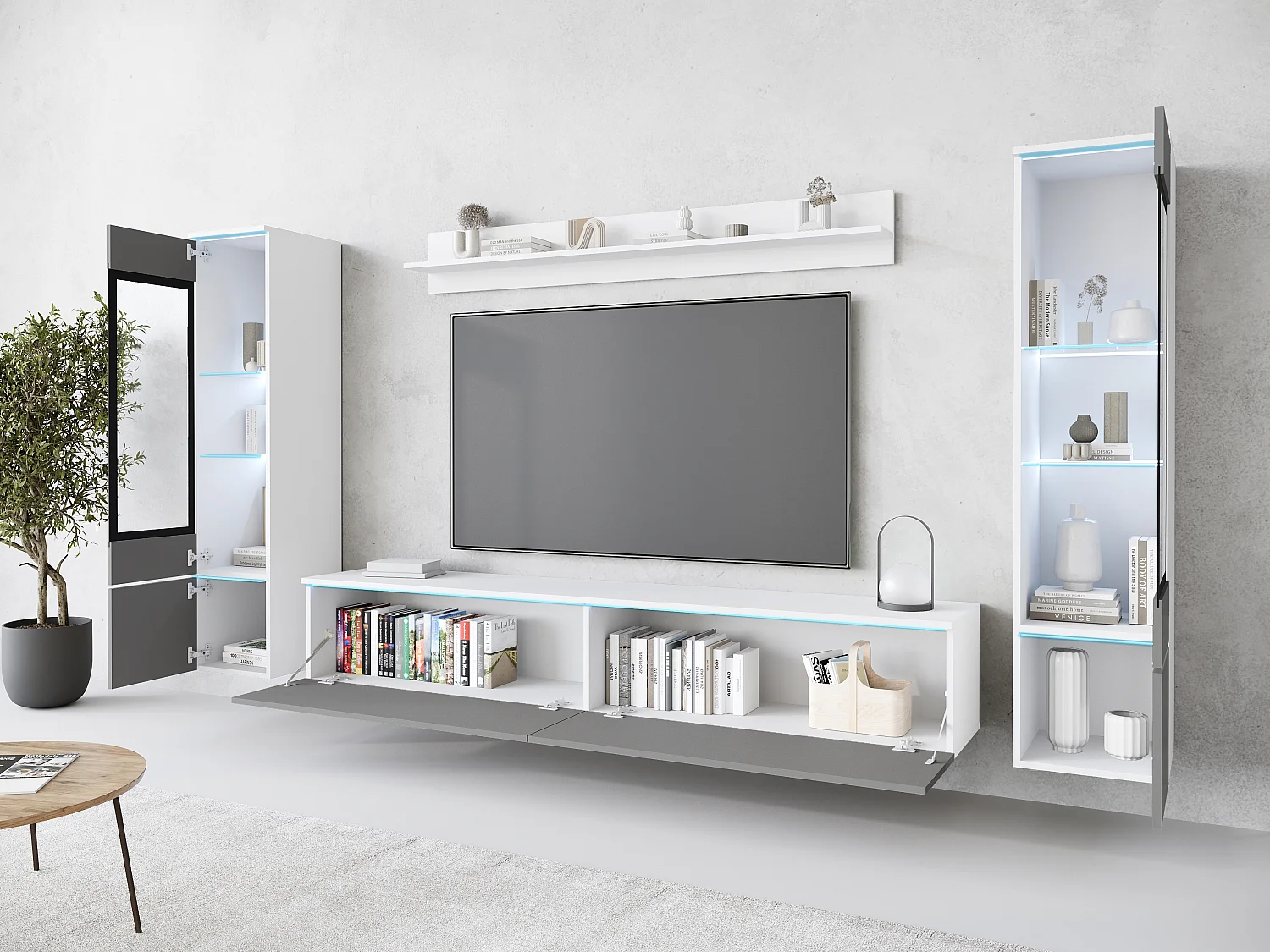 Ensemble moderne de meubles de salon 4 éléments, meuble TV 180 cm, 2 vitrines et étagère, corps blanc mat, façades gris brillant, autoportant ou suspendu