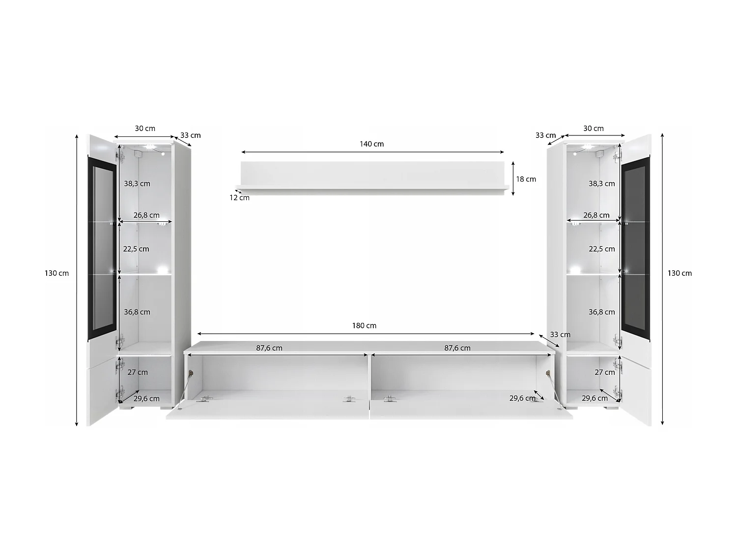 Ensemble moderne de meubles de salon 4 éléments, meuble TV 180 cm, 2 vitrines et étagère, corps blanc mat, façades gris brillant, autoportant ou suspendu