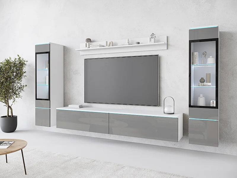 Ensemble moderne de meubles de salon 4 éléments, meuble TV 180 cm, 2 vitrines et étagère, corps blanc mat, façades gris brillant, autoportant ou suspendu