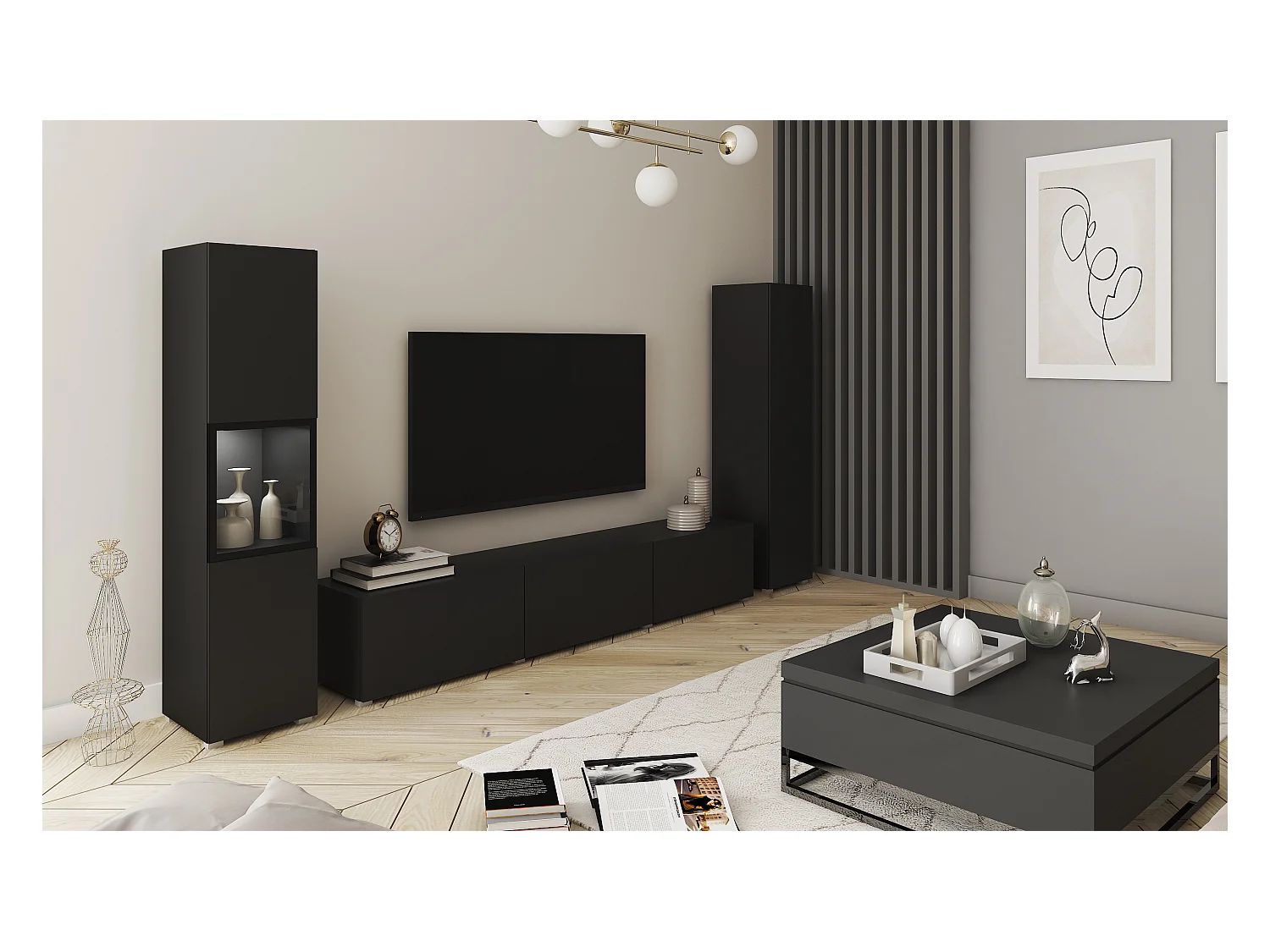 Mur TV moderne ensemble suspendu et posé 3 pièces avec meuble TV 180 cm vitrine et colonne noir mat