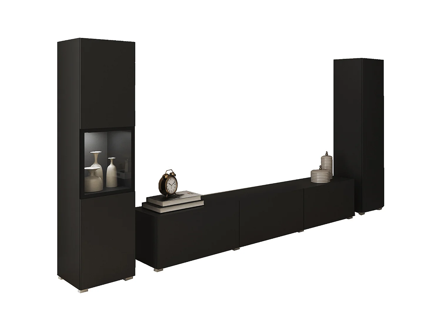 Mur TV moderne ensemble suspendu et posé 3 pièces avec meuble TV 180 cm vitrine et colonne noir mat