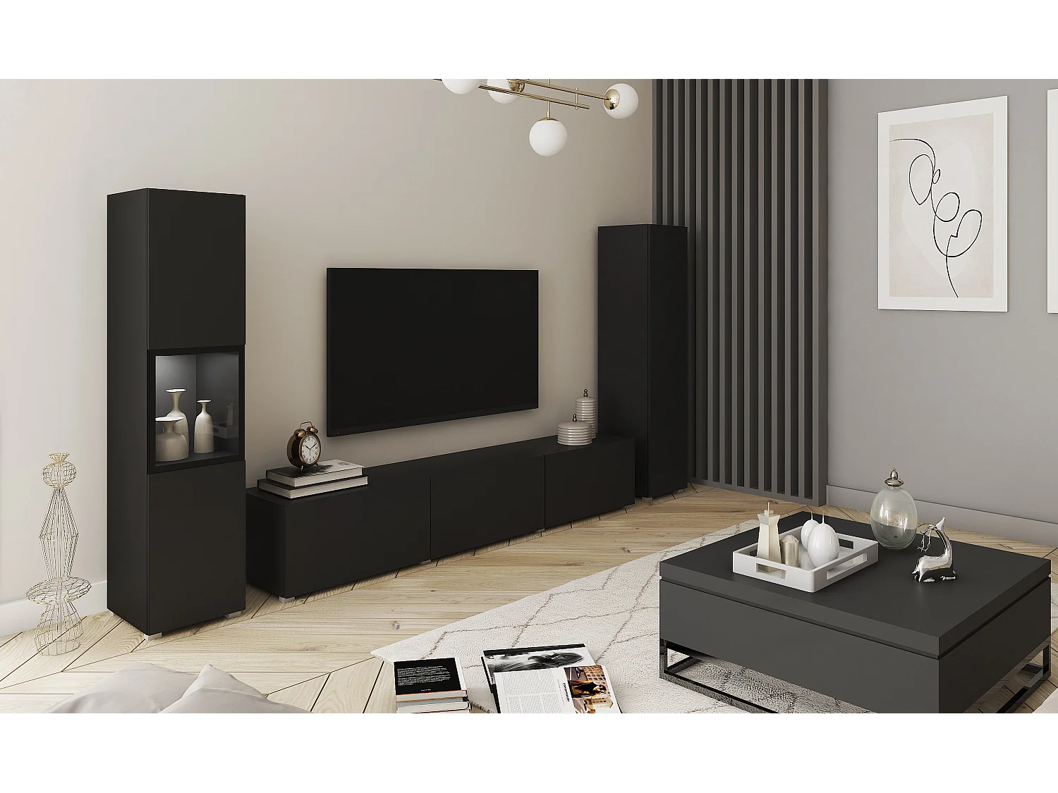 Mur TV moderne ensemble suspendu et posé 3 pièces avec meuble TV 180 cm vitrine et colonne noir mat