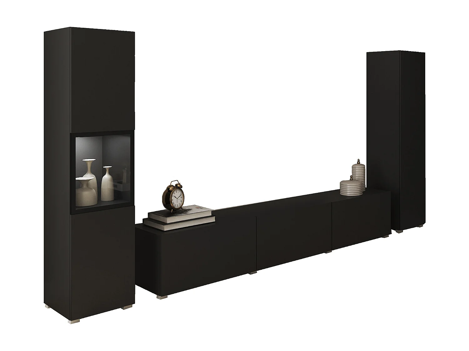 Mur TV moderne ensemble suspendu et posé 3 pièces avec meuble TV 180 cm vitrine et colonne noir mat