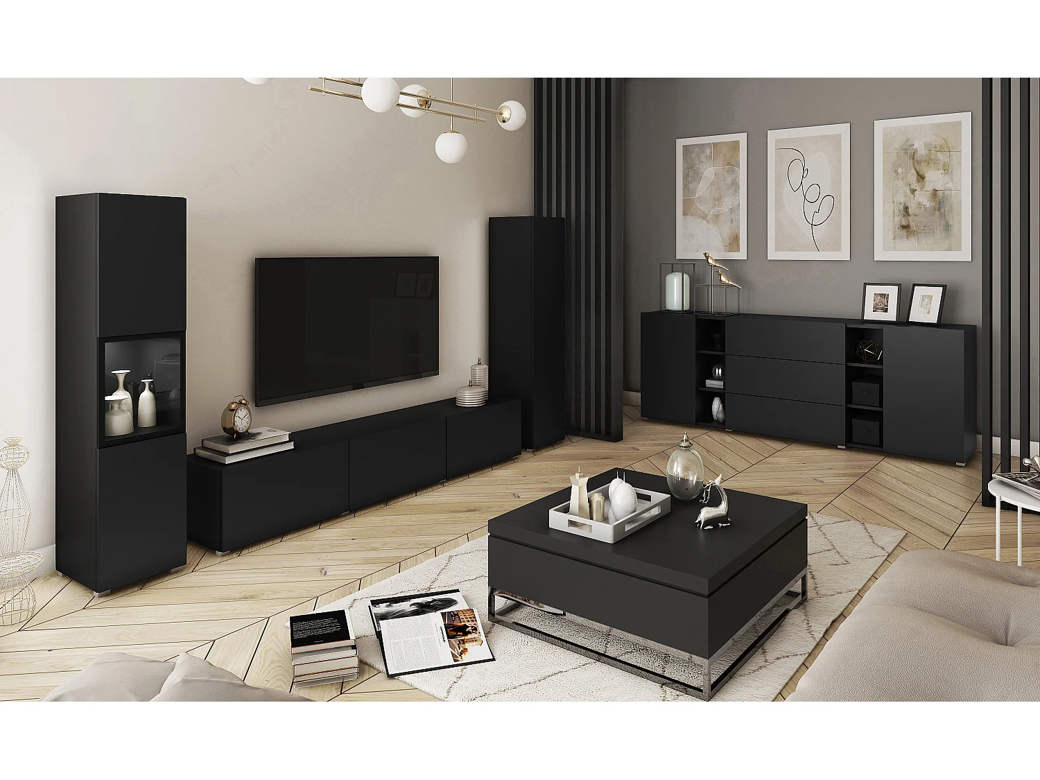 Mur TV moderne ensemble suspendu et posé 3 pièces avec meuble TV 180 cm vitrine et colonne noir mat