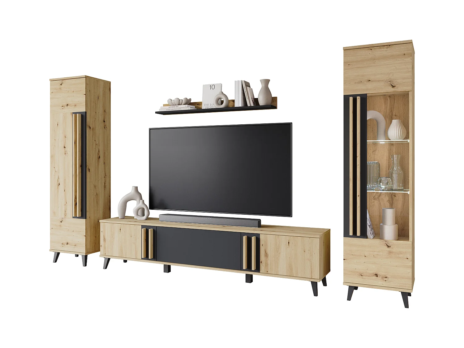 Ensemble mural de salon sur pieds – meuble TV 180 cm, vitrine, étagère et bibliothèque, chêne artisan, noir mat