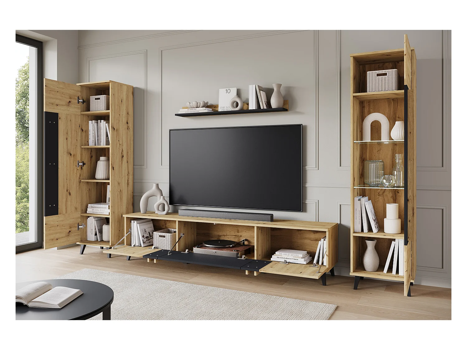 Ensemble mural de salon sur pieds – meuble TV 180 cm, vitrine, étagère et bibliothèque, chêne artisan, noir mat