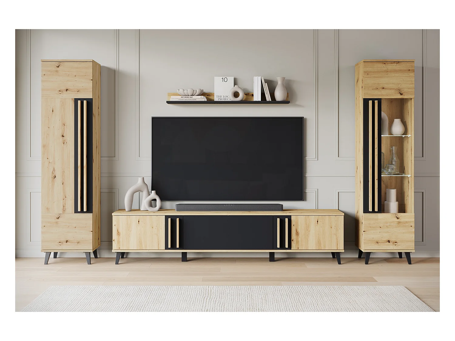 Ensemble mural de salon sur pieds – meuble TV 180 cm, vitrine, étagère et bibliothèque, chêne artisan, noir mat