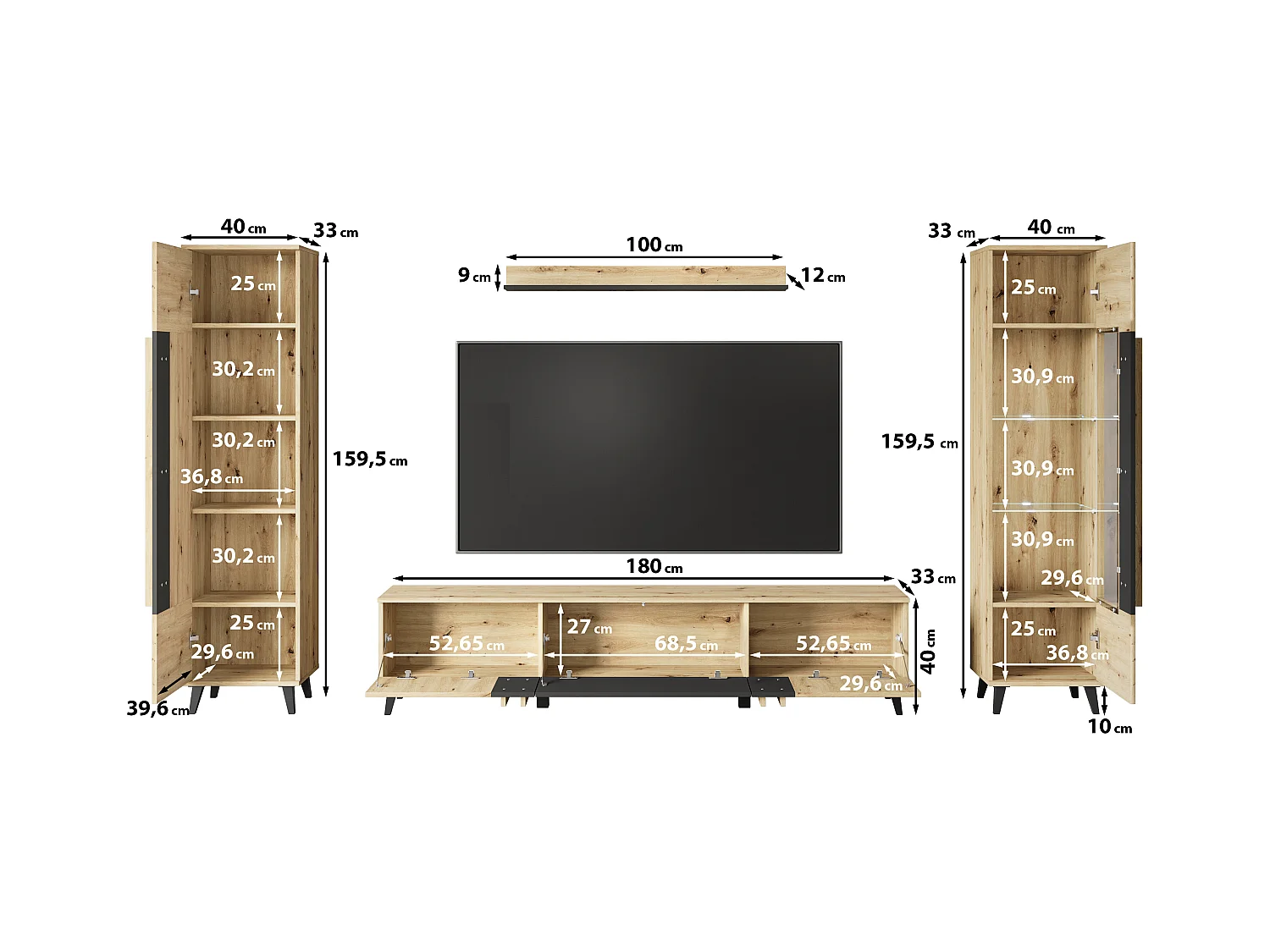Ensemble mural de salon sur pieds – meuble TV 180 cm, vitrine, étagère et bibliothèque, chêne artisan, noir mat