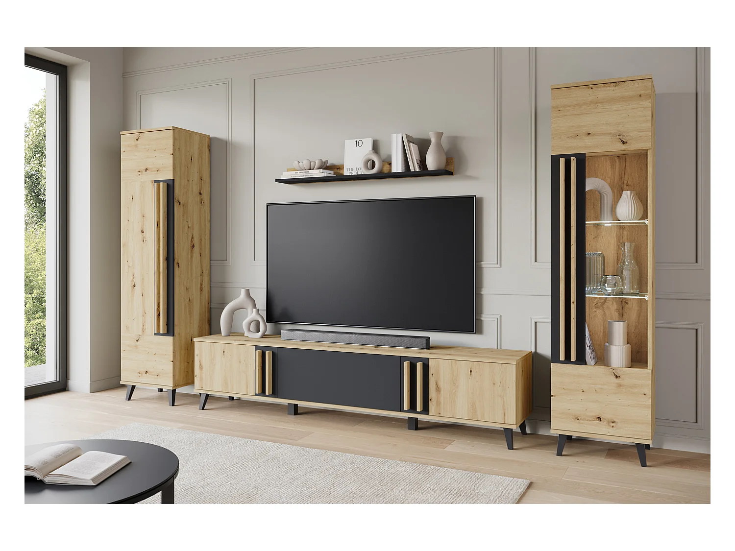 Ensemble mural de salon sur pieds – meuble TV 180 cm, vitrine, étagère et bibliothèque, chêne artisan, noir mat