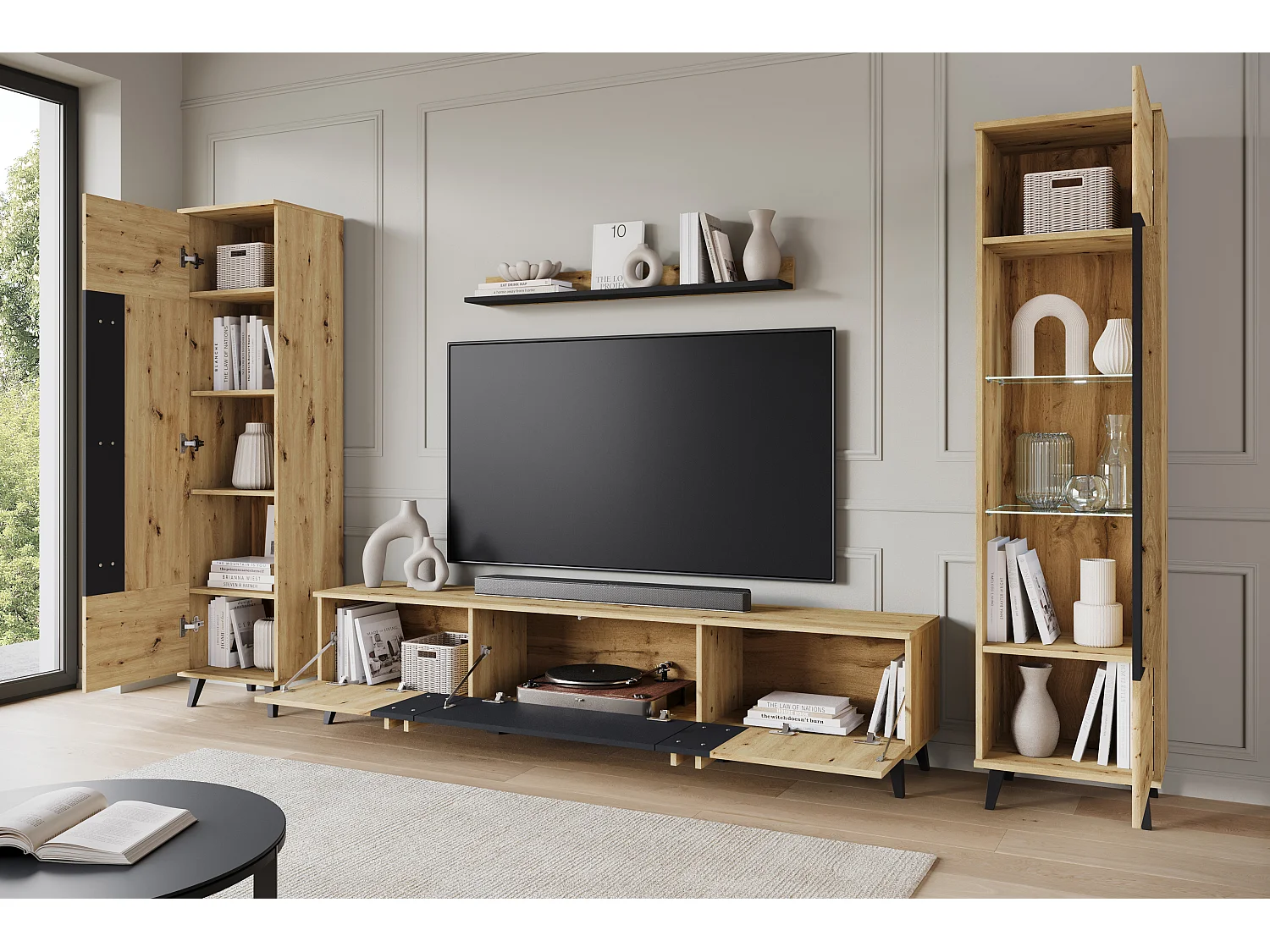 Ensemble mural de salon sur pieds – meuble TV 180 cm, vitrine, étagère et bibliothèque, chêne artisan, noir mat