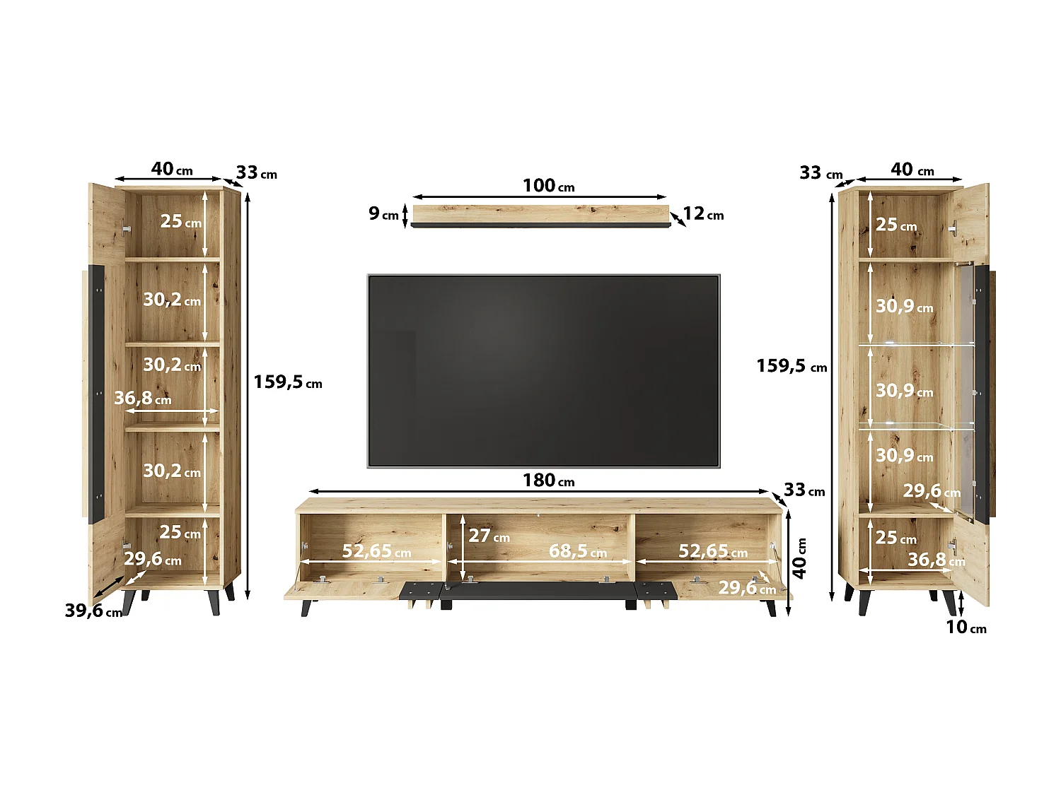 Ensemble mural de salon sur pieds – meuble TV 180 cm, vitrine, étagère et bibliothèque, chêne artisan, noir mat