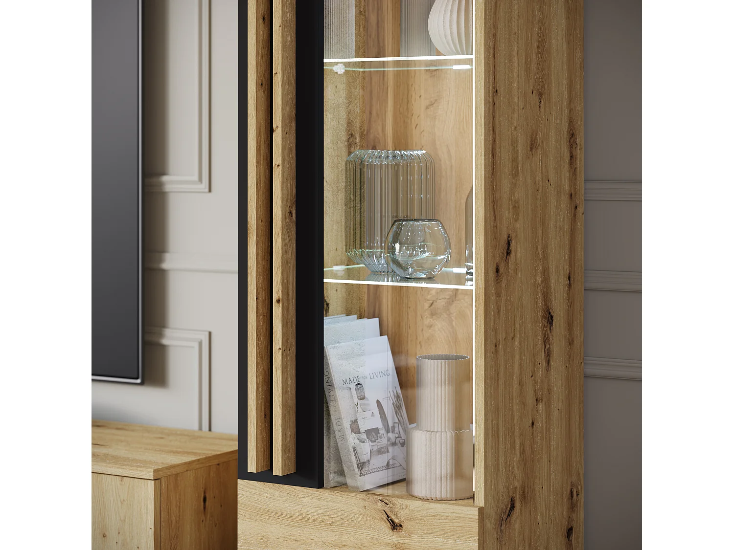 Ensemble mural de salon sur pieds – meuble TV 180 cm, vitrine, étagère et bibliothèque, chêne artisan, noir mat