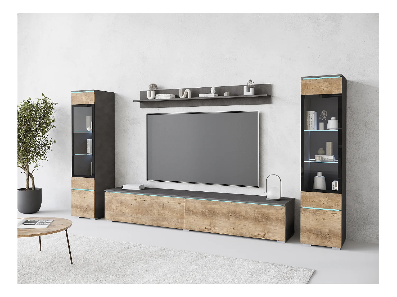 Ensemble moderne de meubles de salon 4 éléments meuble TV 180 cm, 2 vitrines et étagère mur TV mat, corps matera, façades châtaignier, autoportant ou suspendu