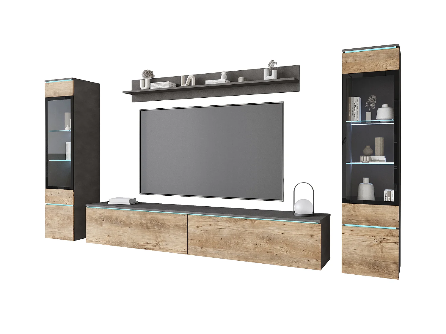 Ensemble moderne de meubles de salon 4 éléments meuble TV 180 cm, 2 vitrines et étagère mur TV mat, corps matera, façades châtaignier, autoportant ou suspendu