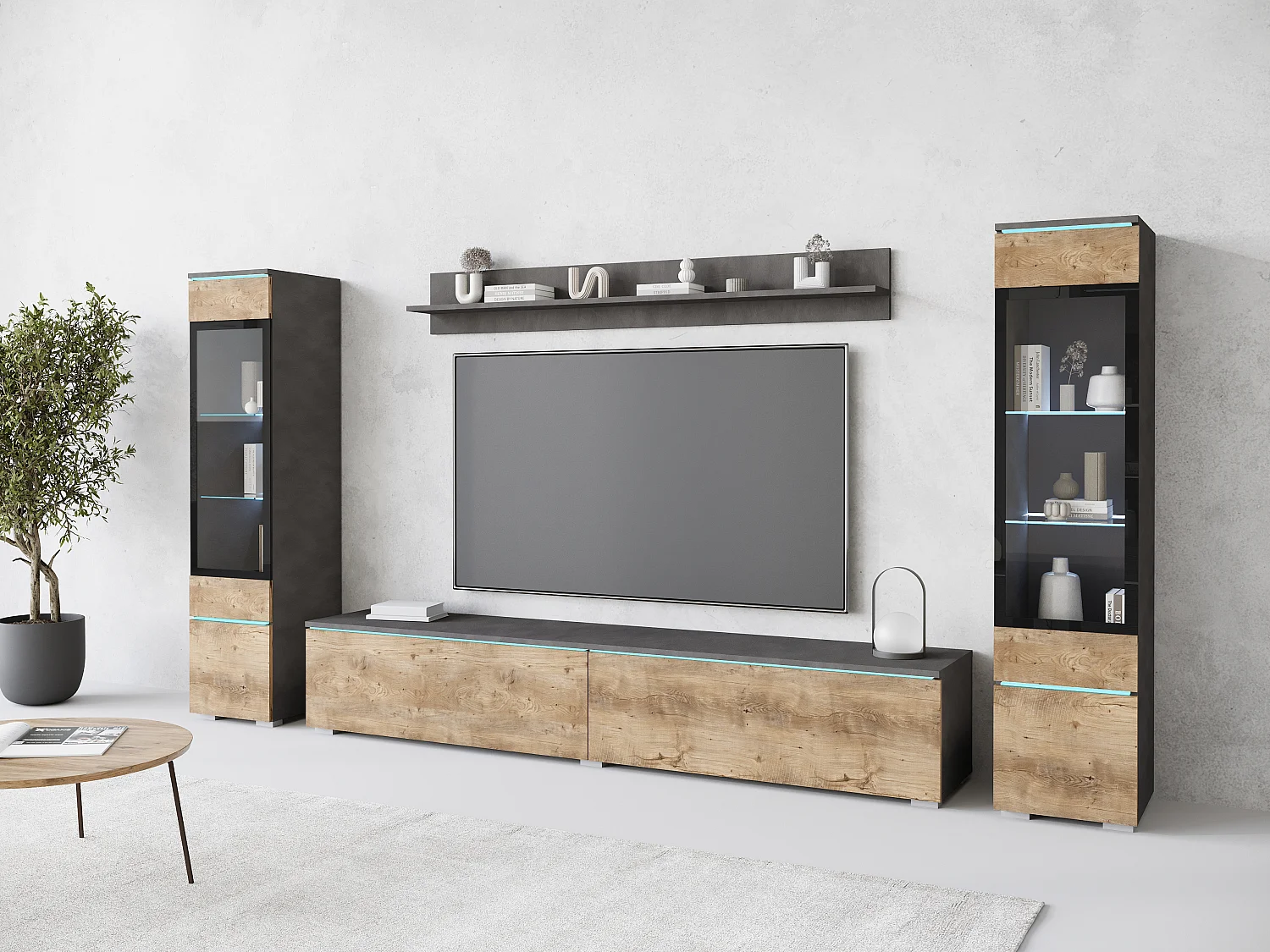 Ensemble moderne de meubles de salon 4 éléments meuble TV 180 cm, 2 vitrines et étagère mur TV mat, corps matera, façades châtaignier, autoportant ou suspendu