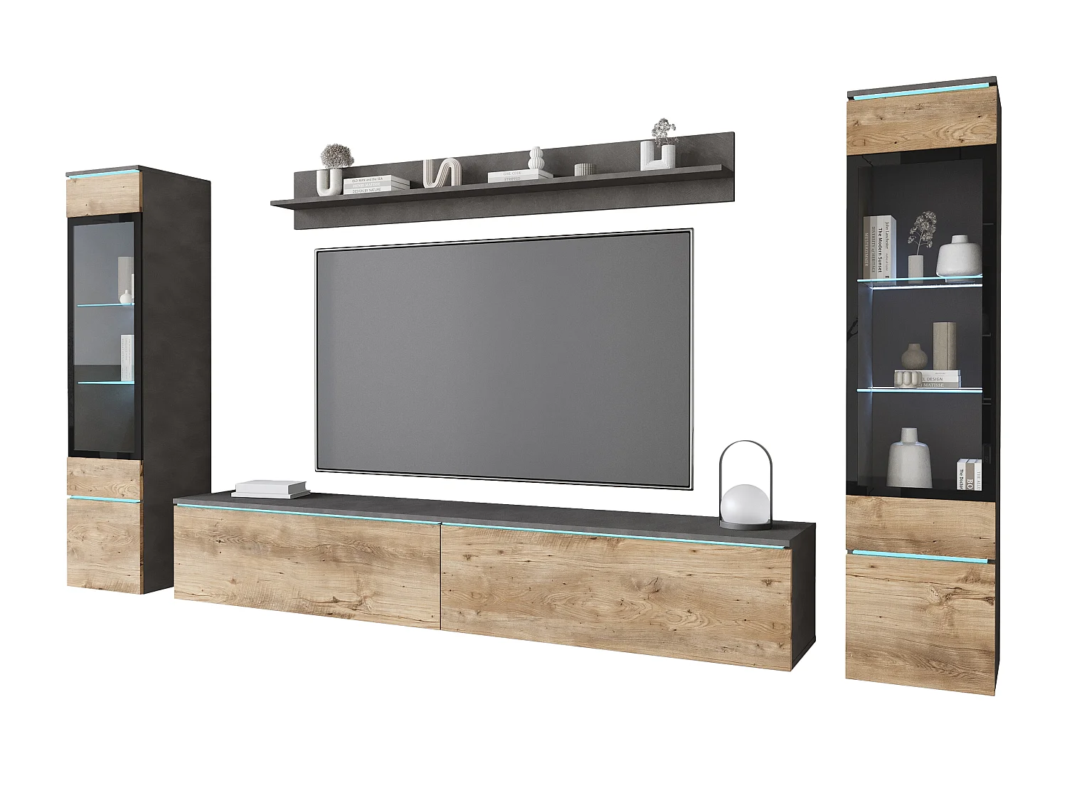 Ensemble moderne de meubles de salon 4 éléments meuble TV 180 cm, 2 vitrines et étagère mur TV mat, corps matera, façades châtaignier, autoportant ou suspendu