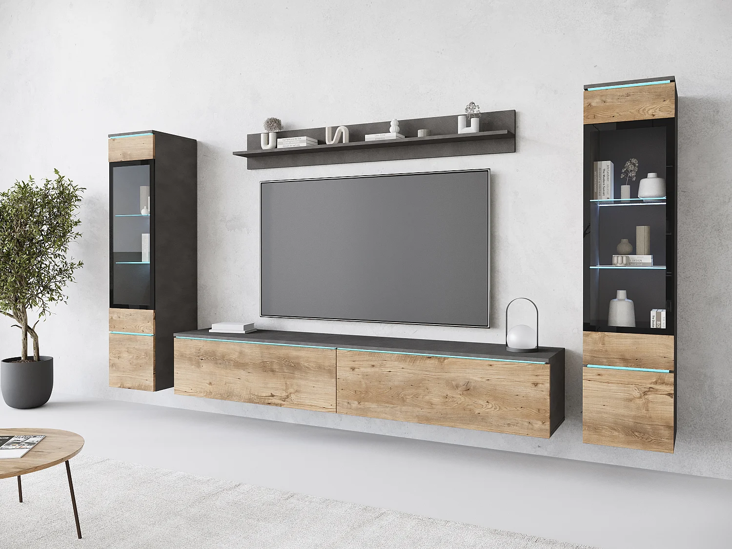Ensemble moderne de meubles de salon 4 éléments meuble TV 180 cm, 2 vitrines et étagère mur TV mat, corps matera, façades châtaignier, autoportant ou suspendu