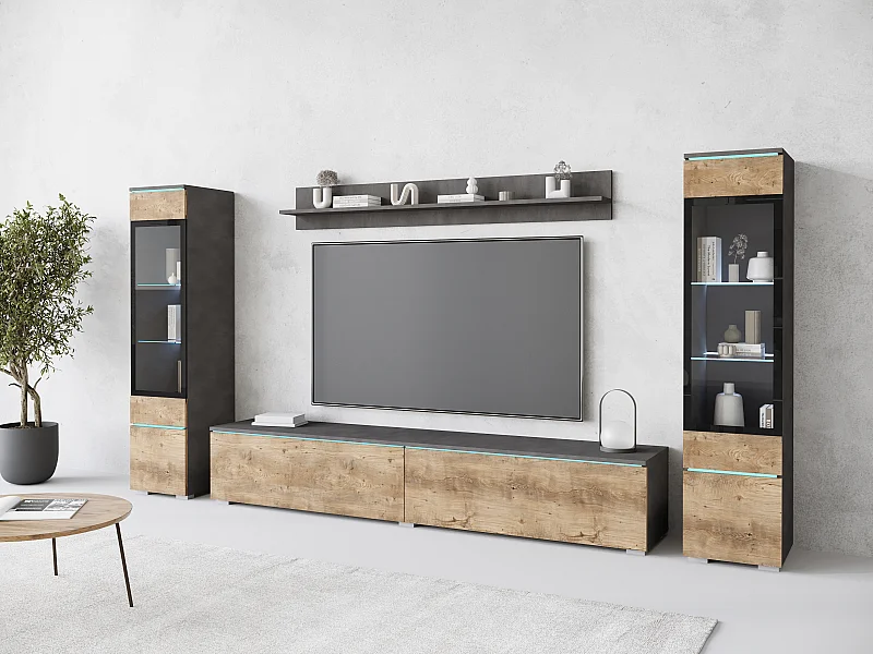 Ensemble moderne de meubles de salon 4 éléments meuble TV 180 cm, 2 vitrines et étagère mur TV mat, corps matera, façades châtaignier, autoportant ou suspendu