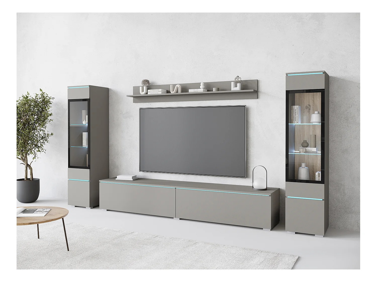 Ensemble moderne de meubles de salon 4 éléments – meuble TV 180 cm, 2 vitrines et étagère – mur TV gris palladium mat, autoportant ou suspendu