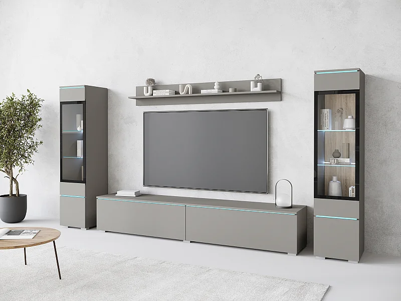 Ensemble moderne de meubles de salon 4 éléments – meuble TV 180 cm, 2 vitrines et étagère – mur TV gris palladium mat, autoportant ou suspendu