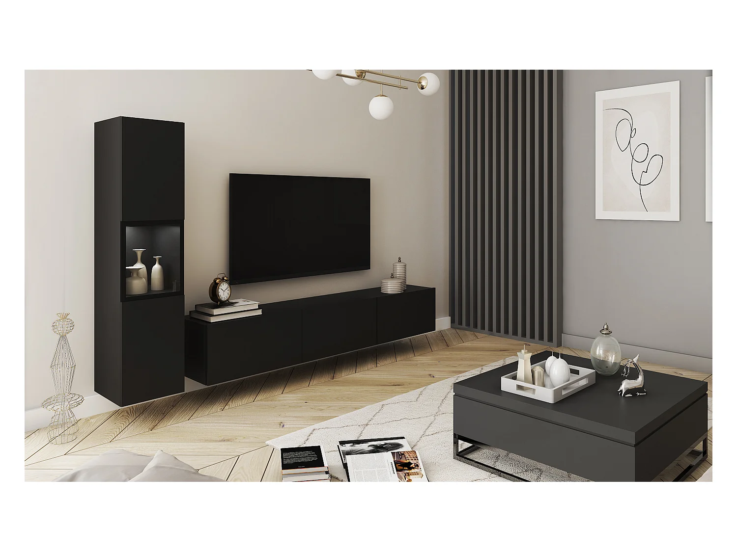 Mur TV pour salon, ensemble suspendu et posé, 2 éléments, meuble TV 180 cm et vitrine, caisson et façades noir mat