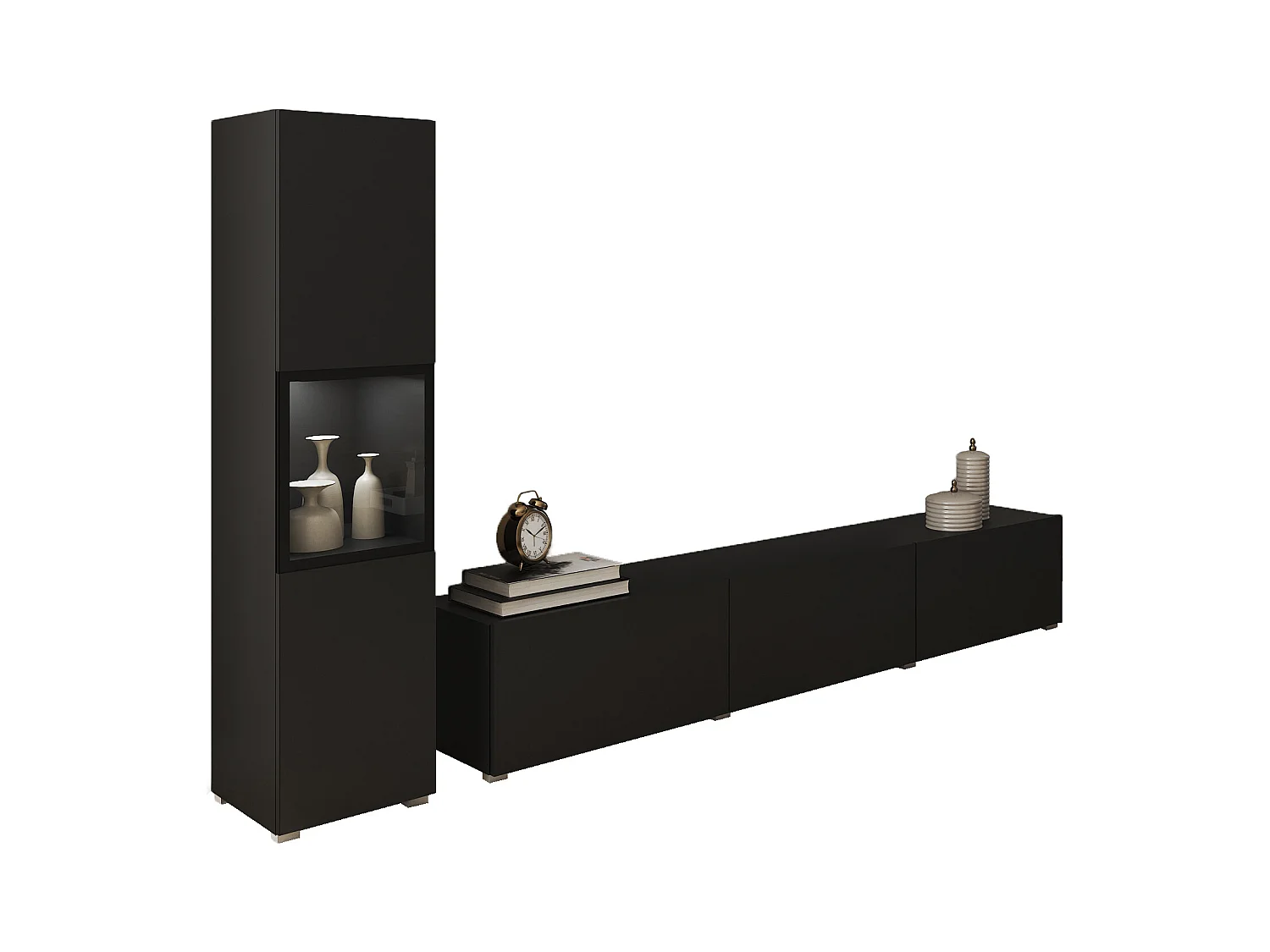 Mur TV pour salon, ensemble suspendu et posé, 2 éléments, meuble TV 180 cm et vitrine, caisson et façades noir mat