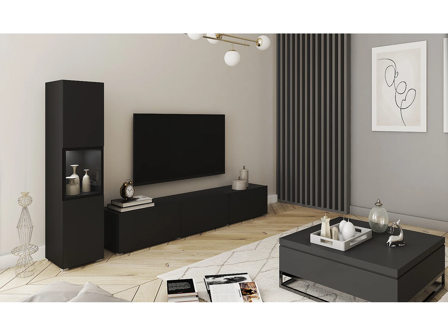 Mur TV pour salon, ensemble suspendu et posé, 2 éléments, meuble TV 180 cm et vitrine, caisson et façades noir mat
