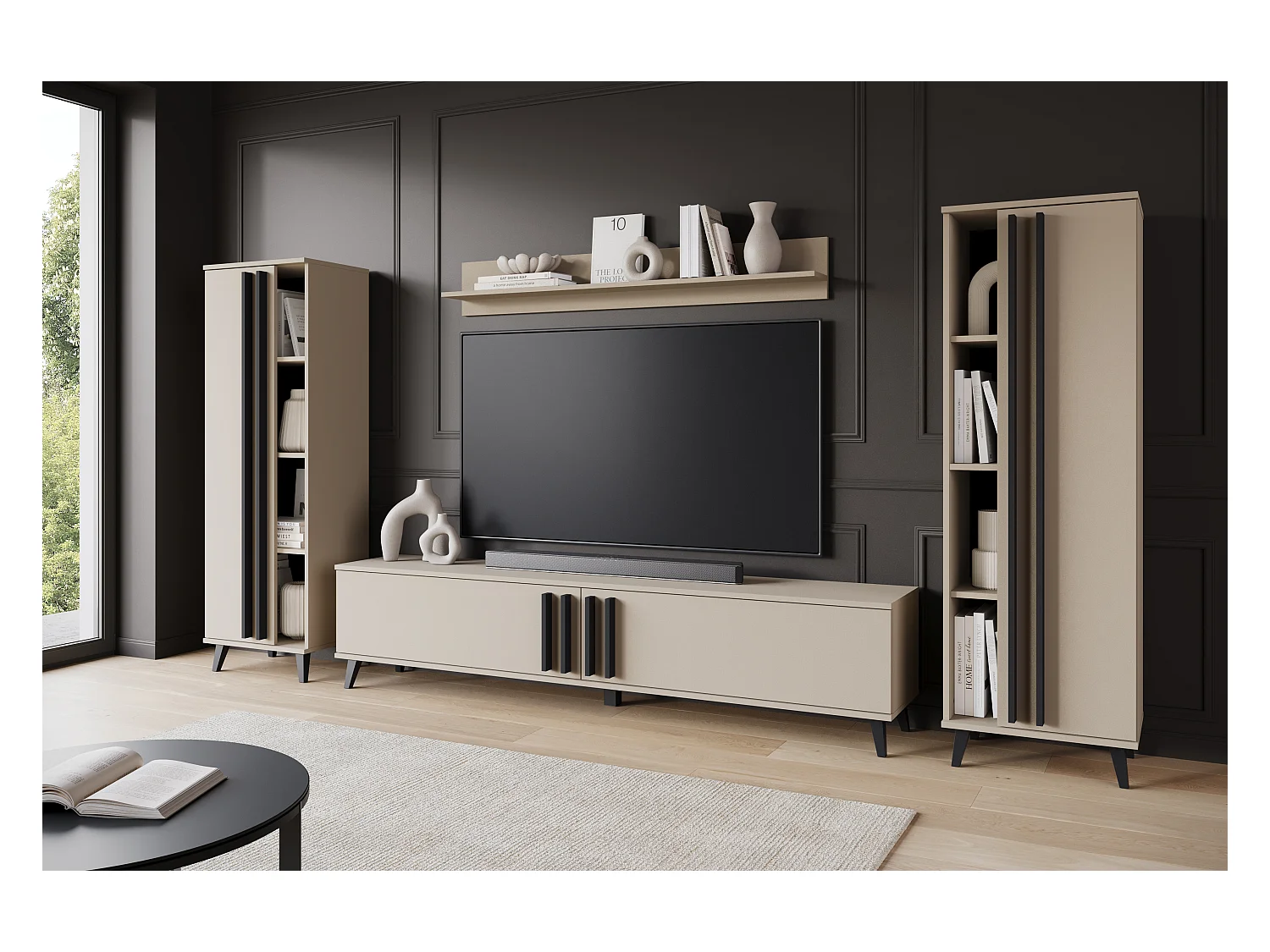 Meuble mural 180 cm pour salon sur pieds – ensemble TV moderne avec étagères et tablette, congo, poignées noir mat