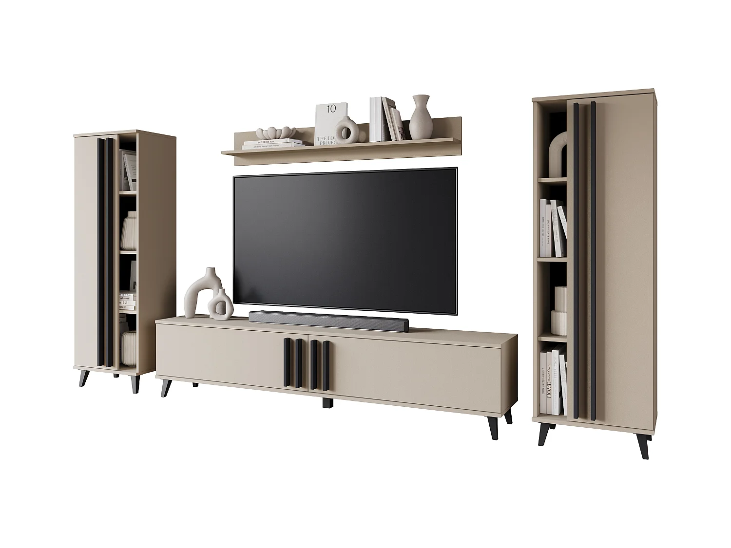 Meuble mural 180 cm pour salon sur pieds – ensemble TV moderne avec étagères et tablette, congo, poignées noir mat