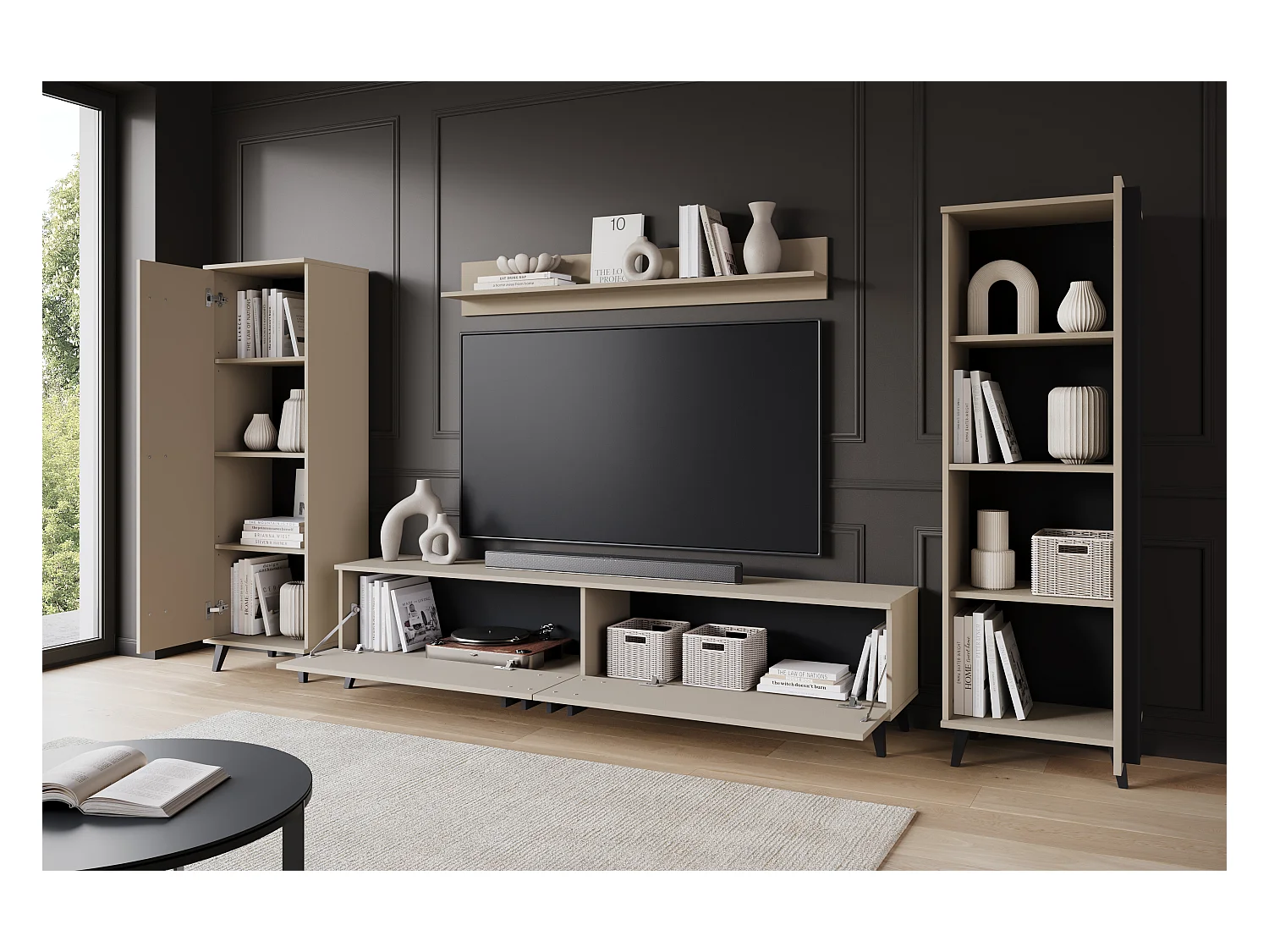 Meuble mural 180 cm pour salon sur pieds – ensemble TV moderne avec étagères et tablette, congo, poignées noir mat