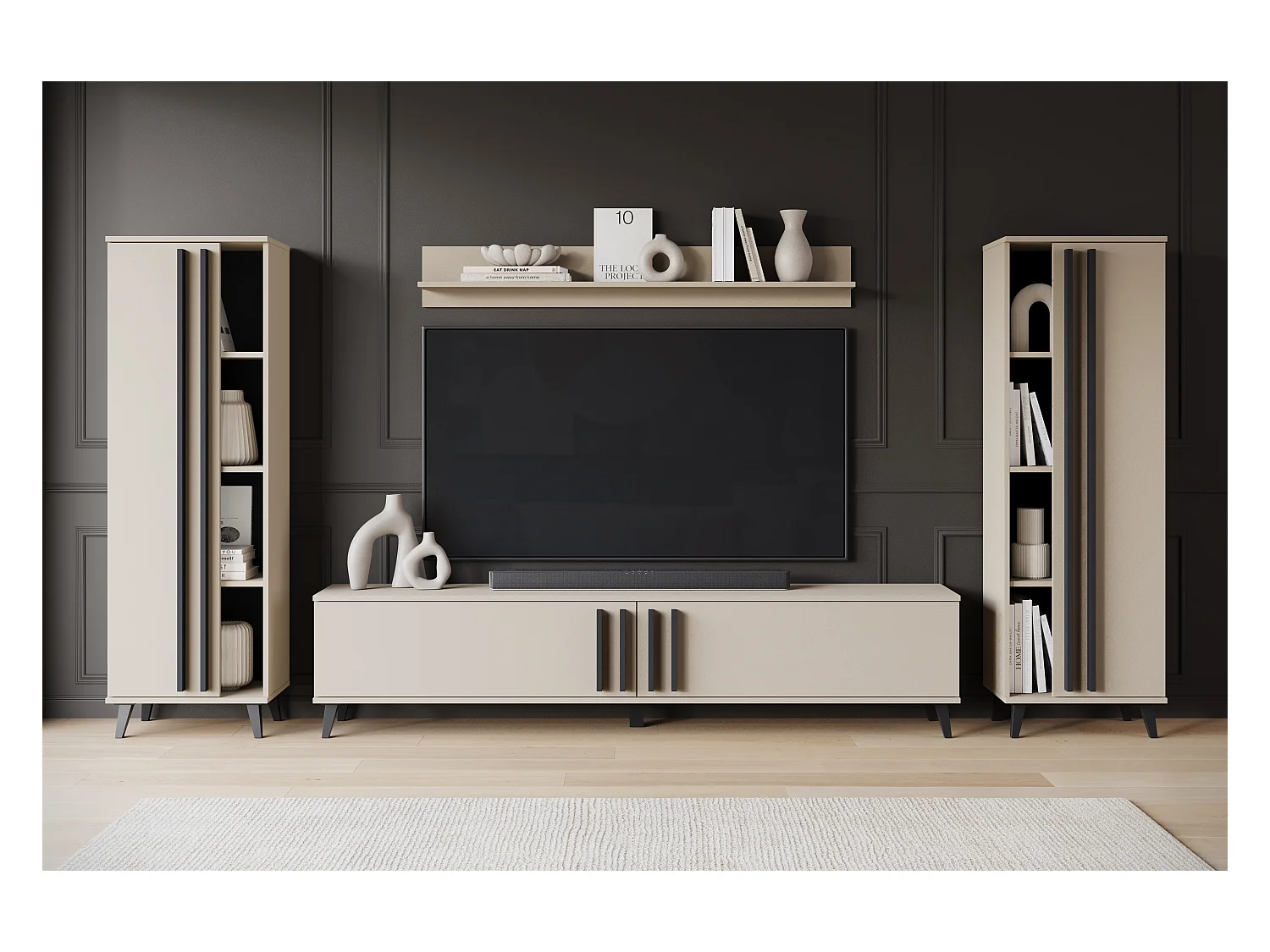Meuble mural 180 cm pour salon sur pieds – ensemble TV moderne avec étagères et tablette, congo, poignées noir mat